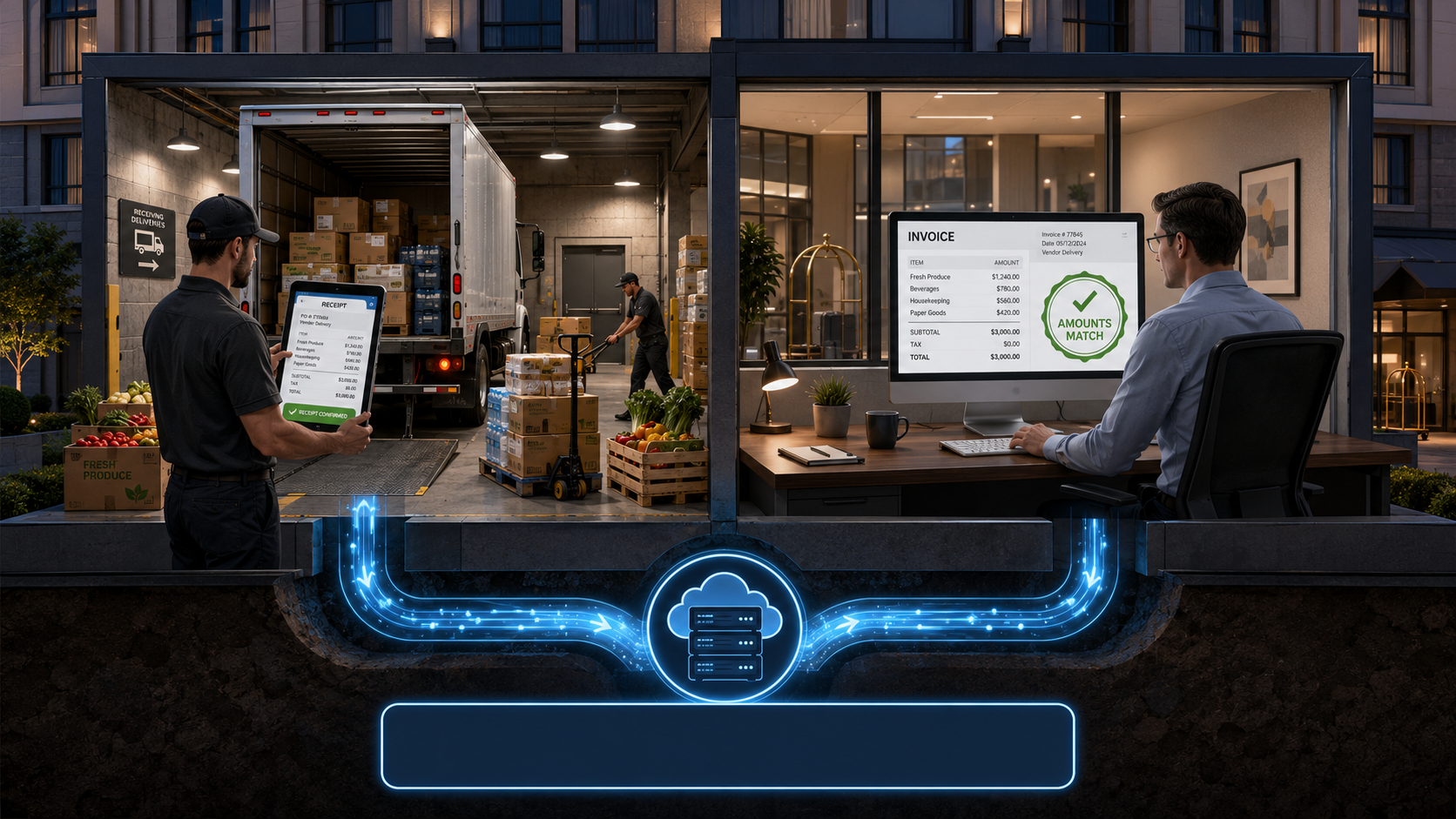 Vista dividida: a la izquierda el flujo de logística recibiendo mercancía con el albarán; a la derecha contabilidad cuadrando la factura de compra en NetSuite